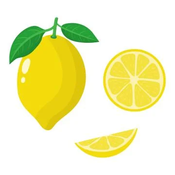 Set of fresh whole, half and slice lemon isolated on white background. Vector. Stock Illustration