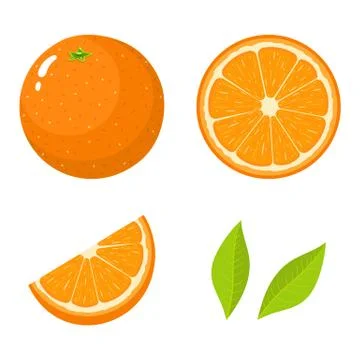 Set of fresh whole, half, cut slice and leaves orange fruit isolated on white Stock Illustration