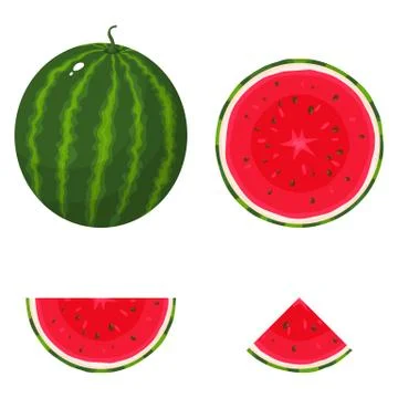 Set of fresh whole, half, cut slice watermelon fruit isolated on white backgr Stock Illustration