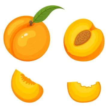 Set of fresh whole, half, cut slice peach fruits isolated on white background Stock Illustration