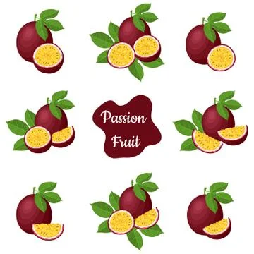 Set of fresh whole, half, cut slice passion fruits isolated on white backgrou Stock Illustration
