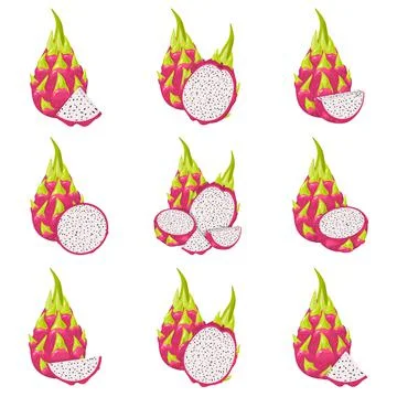Set of fresh whole, half, cut slice red pitaya fruits isolated on white backg Stock Illustration