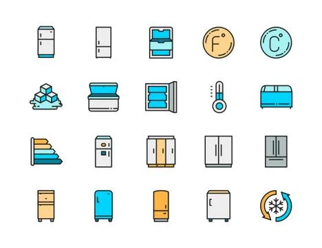Set of Fridge Flat Color Line Icons. Freezer, Refrigerator, Ice Cubes and more. Stock Illustration