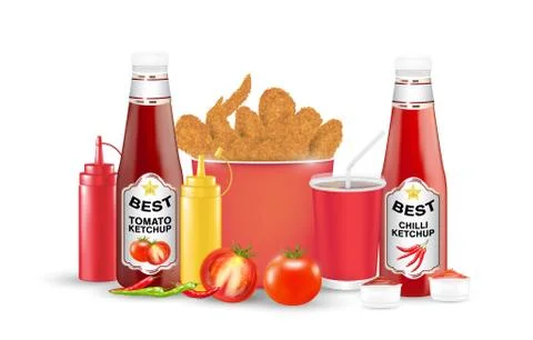 Set  of fried chicken tomato chilli suace bottle on a white background Stock Illustration