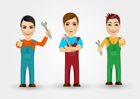 Set of friendly young plumbers 스톡 일러스트