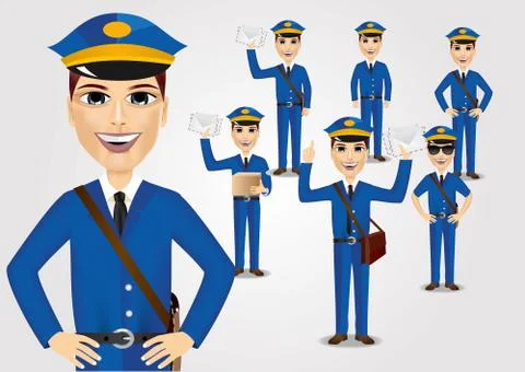 Set of friendly young postmen with bag Illustrazione stock