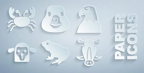 Set Frog, Eagle head, Sheep, Wild boar, Goose bird and Crab icon. Vector Stock Illustration