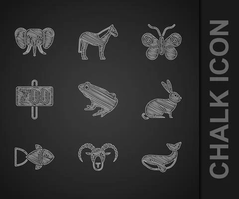 Set Frog, Head of goat or ram, Whale, Rabbit, Fish, Zoo park, Butterfly and Illustrazione stock