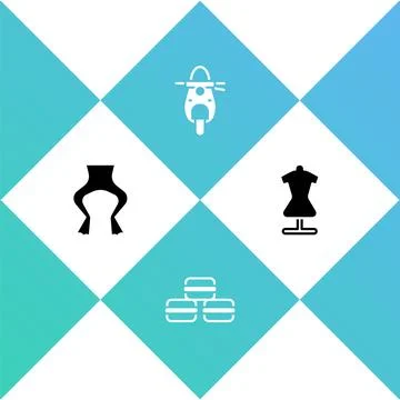 Set Frog legs, Macaron cookie, Scooter and Mannequin icon. Vector Stock Illustration