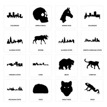 Set of frog, wolf face, michigan state, bear, virginia illinois horse colorad Free Stock Illustration