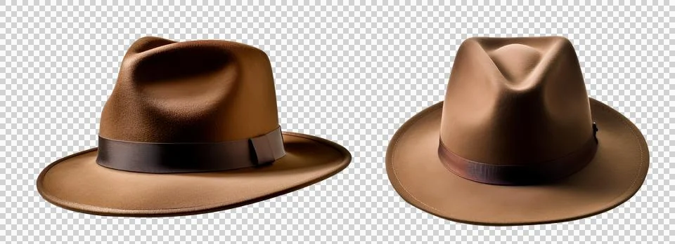 Set of front and side view brown top felt velvet hat, transparent PNG Stock Photos