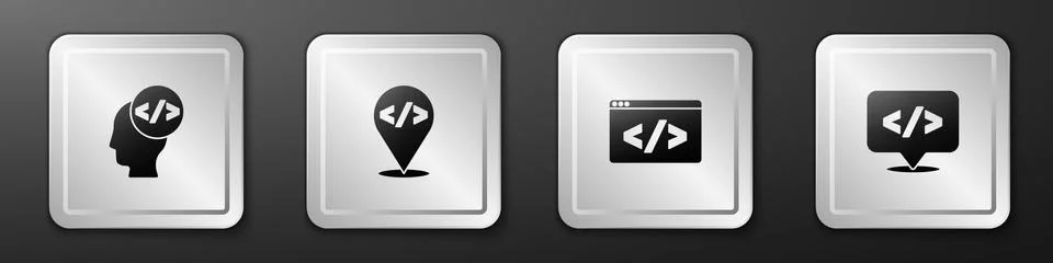 Set Front end development, , and icon. Silver square button. Vector Stock Illustration