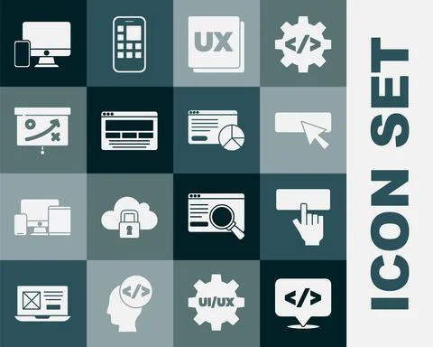 Set Front end development, Keyboard, UI or UX design, Planning strategy concept Illustrazione stock