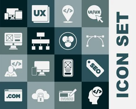 Set Front end development, SEO optimization, Bezier curve, Site map, UI or UX Stock Illustration