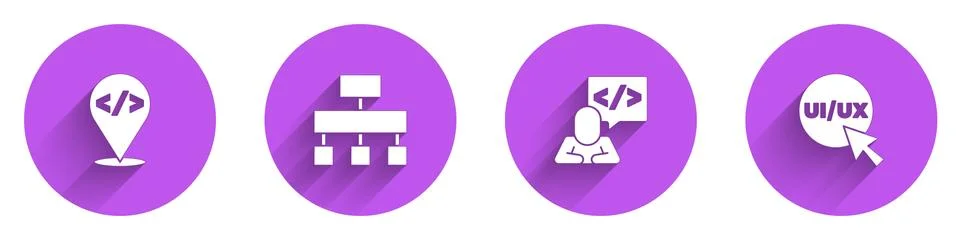 Set Front end development, Site map, and UI or UX design icon with long shadow Stock Illustration