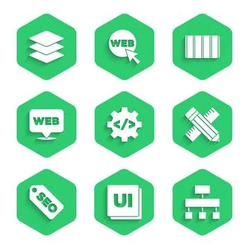 Set Front end development, UI or UX design, Site map, Crossed ruler and pencil 스톡 일러스트