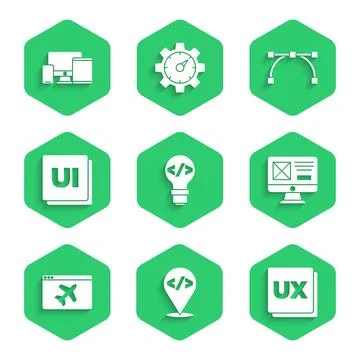 Set Front end development, UI or UX design, Website template, Bezier curve and Stock Illustration