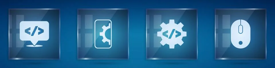 Set Front end development, Web, and Computer mouse. Square glass panels. Vector Illustrazione stock