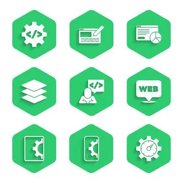 Set Front end development, Web, Website statistic, and graphic design, Layers Stock Illustration