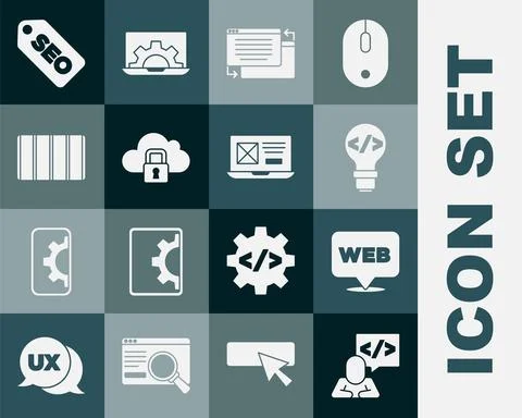 Set Front end development, Web and graphic design, UI or UX, Cloud computing 库存插图