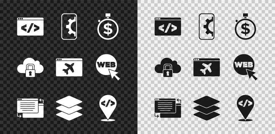 Set Front end development, Web, Time is money, UI or UX design, Layers, Cloud Illustrazione stock