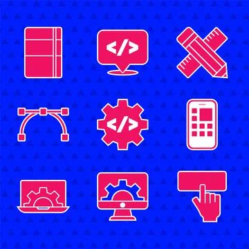 Set Front end development, Web, Keyboard, Mobile Apps, Bezier curve, Crossed Illustrazione stock