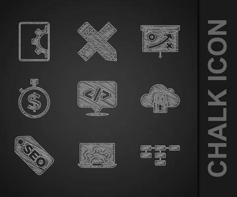 Set Front end development, Web, Site map, Cloud computing lock, SEO optimization Stock Illustration