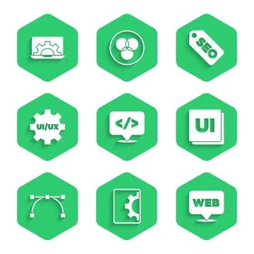 Set Front end development, Web, and graphic design, UI or UX, Bezier curve, SEO Stock Illustration