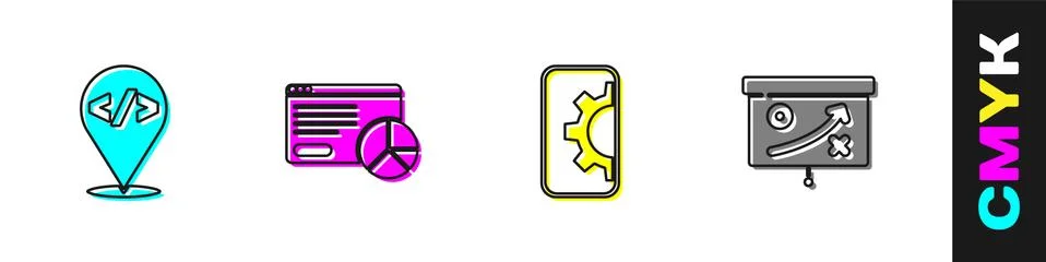 Set Front end development, Website statistic, and Planning strategy concept icon Illustrazione stock