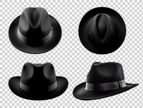 Set of front top side view black top felt velvet hat, transparent PNG Stock Photos
