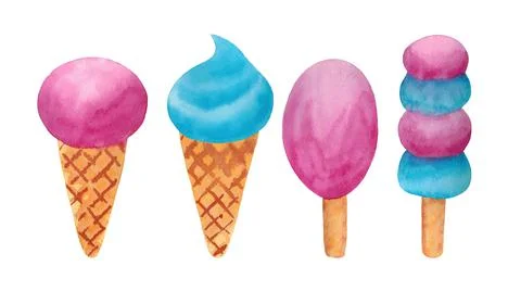 A set of frozen desserts. Ice cream cone. Ice cream on a stick. Stock Illustration