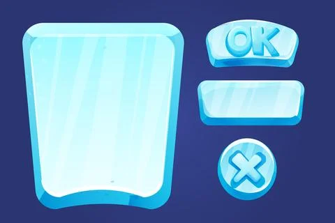 Set frozen ice frames, panels for game menu arows, buttons, ok sign in cartoon Illustrazione stock