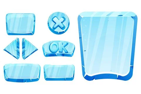 Set frozen ice frames, panels for game menu arows, buttons, ok sign in cartoon Illustrazione stock