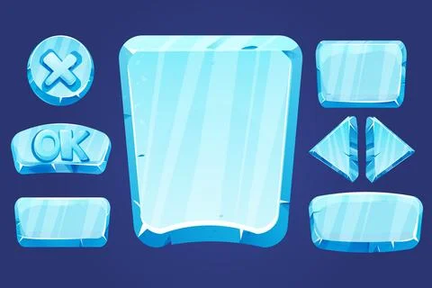 Set frozen ice frames, panels for game menu arows, buttons, ok sign in cartoon Stock Illustration