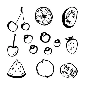 Set of fruit and berries. Cherry, mango, strawberry, raspberry, bluebarry Stock Illustration