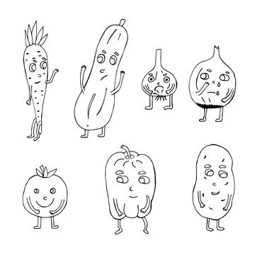 Set with fruit and vegetable cartoon characters. Vector Stock Illustration