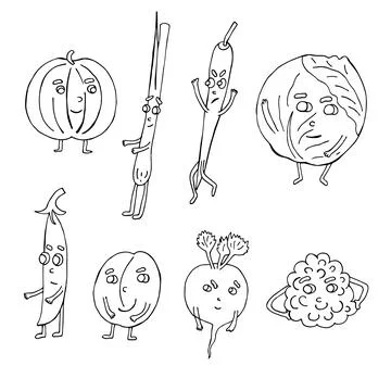 Set with fruit and vegetable cartoon characters. Vector Stock Illustration