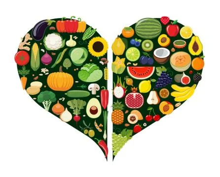 Set of fruit and vegetable icons forming heart shape. Stock Illustration