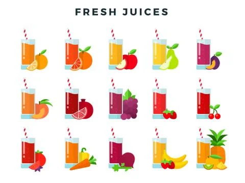 Set of fruit and vegetable juices isolated on white Stock Illustration