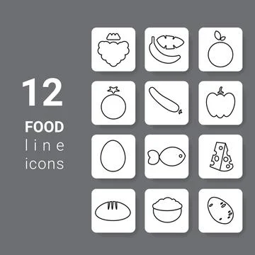 Set of fruit and vegetable square button icons for app healthy nutrition. Vector Stock Illustration