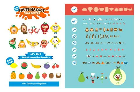 Set of fruit cartoon character constructor. fruit illustration with separate Stock Illustration