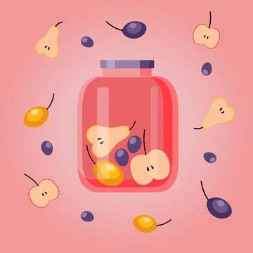 Set of fruit compotes. Homemade canned fruit compote in a glass jar Stock Illustration