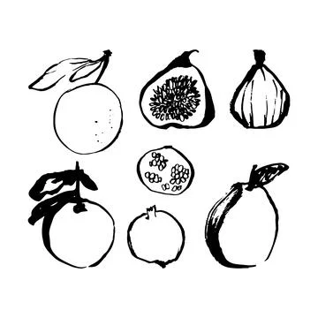 Set of fruit doodle icon. Figs, orange, pomegranate, pear. Stock Illustration