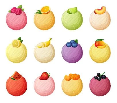 Set of fruit flavors ice-cream scoops vector icons isolated on white background Ilustração Stock