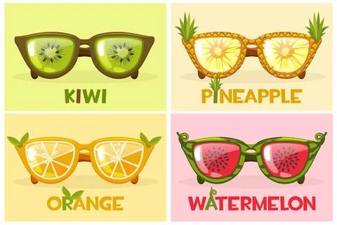 Set Fruit glasses, vector illustration Watermelon, orange, pineapple and kiwi Illustrazione stock