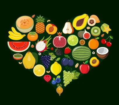 Set of fruit icons forming heart shape. Stock Illustration