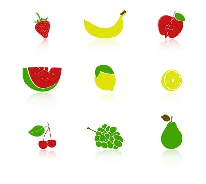 Set of fruit icons with reflections. Stock Illustration