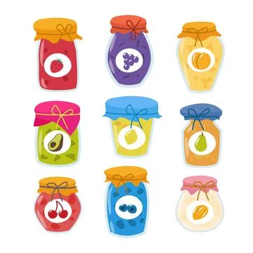 Set of fruit jam jar collection, fruit jams in glass jars in cartoon style... Stock Illustration