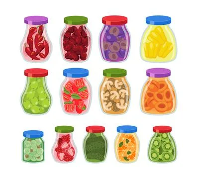 Set of fruit jar collection, Preserved vegetables and fruits in jar, Jars w.. Stock Illustration