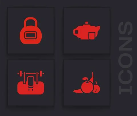 Set Fruit, Kettlebell, Teapot with cup and Bench barbel icon. Vector Stock Illustration